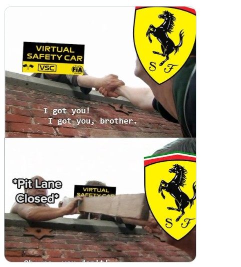 Второй VSC: &laquo;Ferrari, я помогу, помогу вам!&raquo; Гоночная дирекция, закрывающая въезд на пит-лейн, такая... &copy; Соцсети