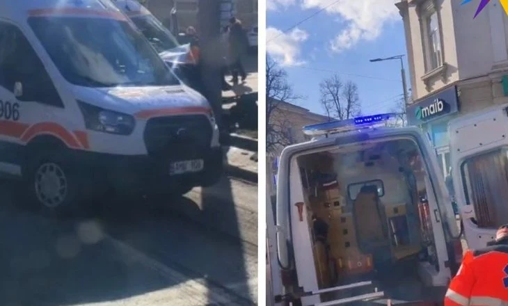 В центре Кишинева машина скорой помощи столкнулась с легковым автомобилем и врезалась в столб: На ме